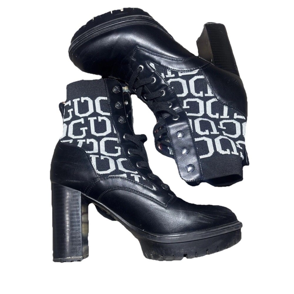 Guess Women’s Lace Up Combat Boots Knit Logo With 2 Inch Block Heel Size 8.5